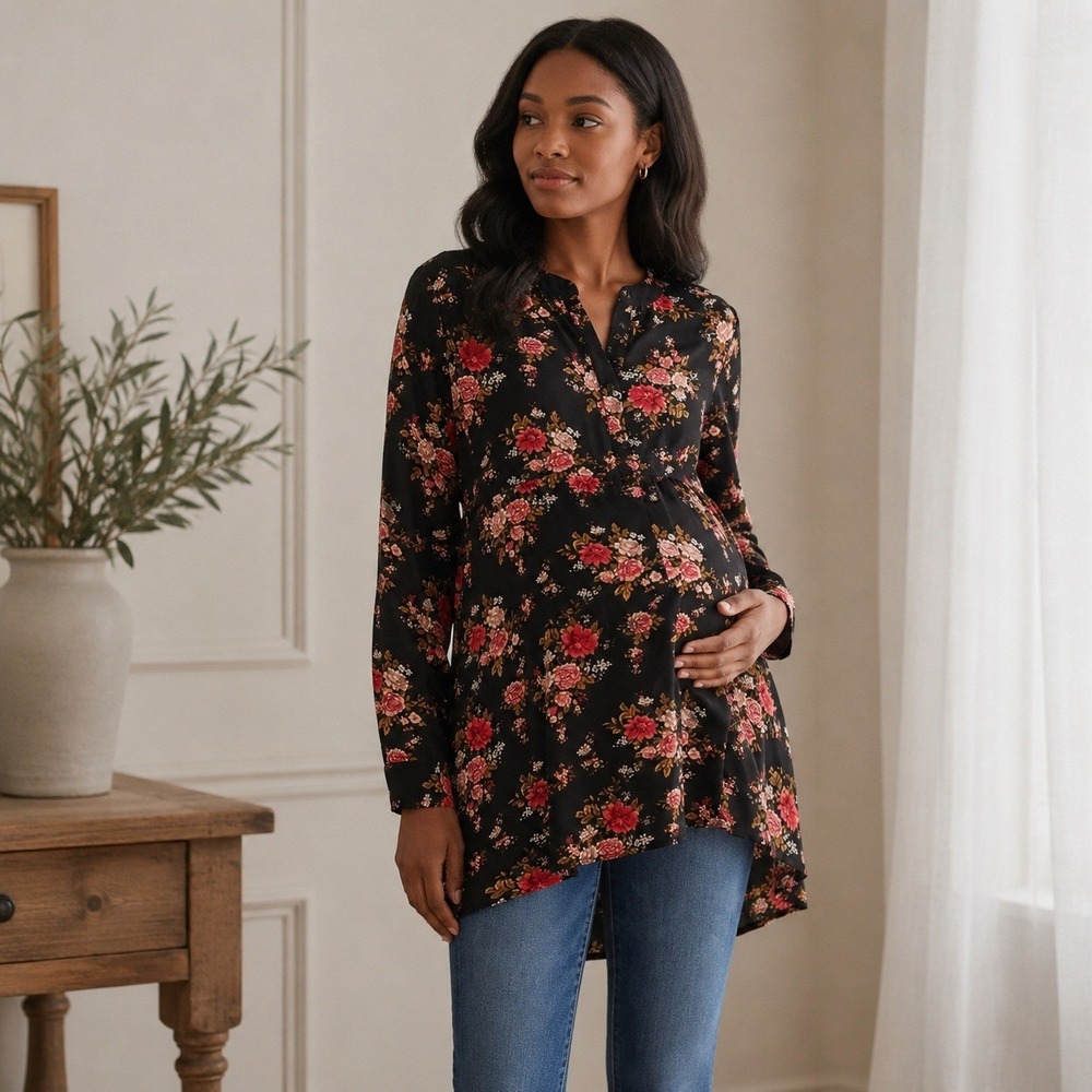 Ripe Maternity Blouse‎ Womens Medium Black Cottagecore Boho Floral Tunic